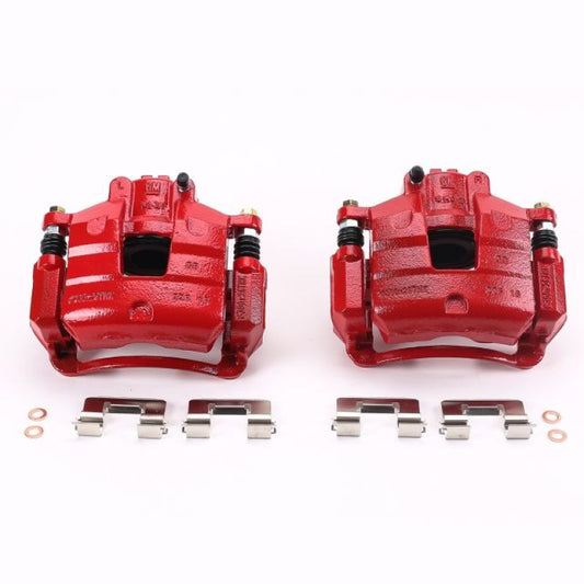 Pair of PowerStop 2017 Buick LaCrosse front red performance brake calipers with brackets, shown installed on vehicle.