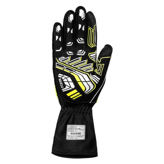 Sparco K-Arrow+ black and yellow racing gloves for karting, size 9, with textured grip and branded logo on the back.