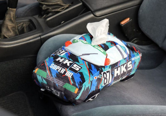 HKS tissue holder in oil color with racing car design, showcasing sleek car-themed decor for automotive enthusiasts.