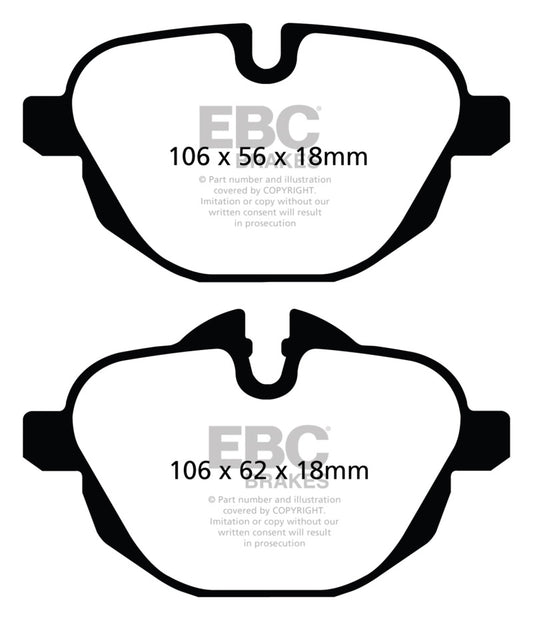 EBC Redstuff performance rear brake pads for BMW X3 2.0 Turbo (F25) with red friction material and mounting hardware.