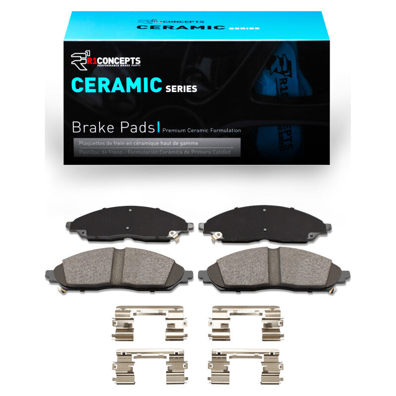 R1 Concepts Chrysler Pacifica front ceramic brake pads and hardware kit, OE quality, installed on vehicle.