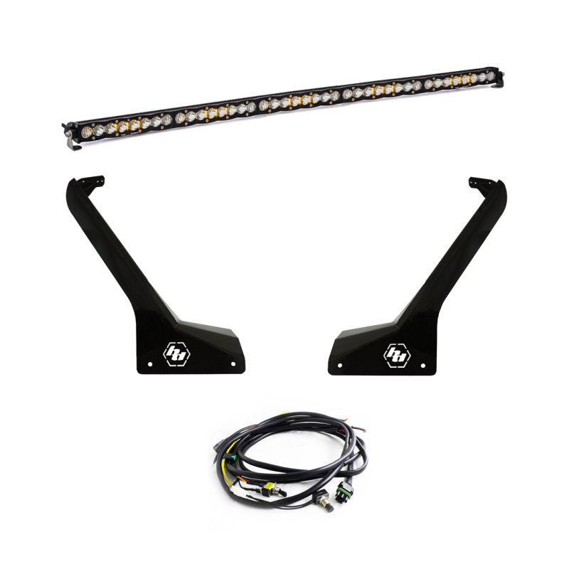 Baja Designs Jeep JL/JT roof bar LED light kit with 50-inch S8 light bar installed on vehicle roof for off-road illumination.