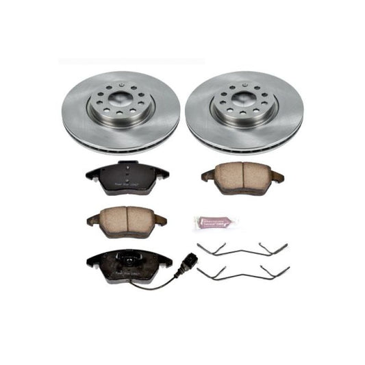 PowerStop OE brake kit for front of 2006-2013 Audi A3, including brake pads and rotors, installed on vehicle.