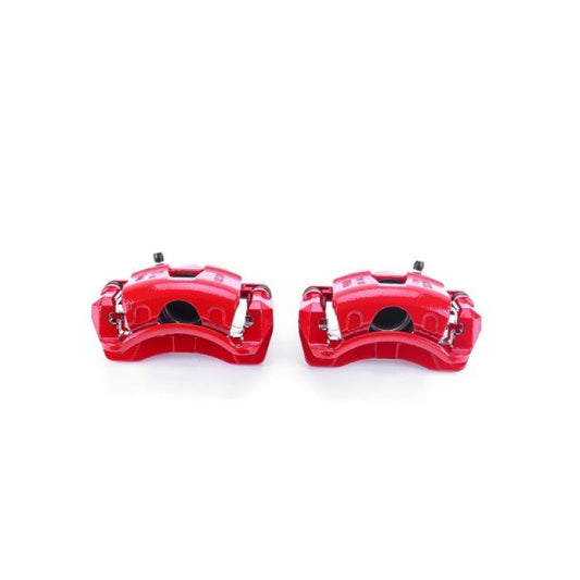 Pair of PowerStop red front brake calipers with brackets for Chevrolet Aveo 2004-2011, performance brake components.