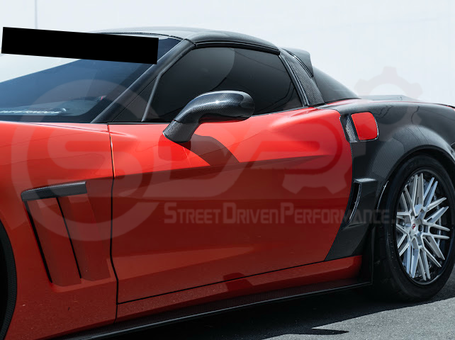 Set of four dry carbon fiber side mirror cap covers for 2005-2013 Chevy Corvette C6, tape-on style by Street Driven Performance.