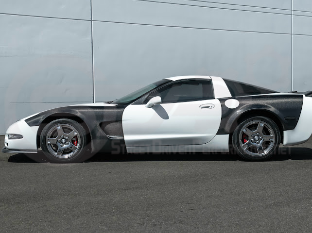 Factory style carbon fiber front and rear widebody fenders for 1997-2004 Chevrolet Corvette C5 hatchback by Street Driven Performance.