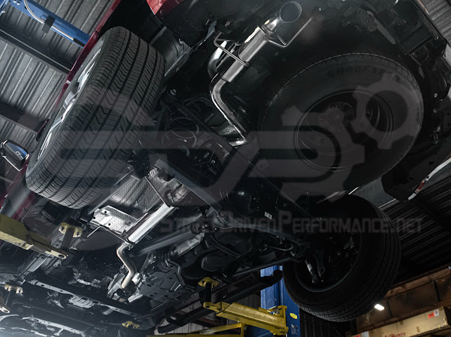 Toyota 4Runner 2025-up cat-back exhaust system with chrome or burnt blue tips by Street Driven Performance, featuring turn-down design