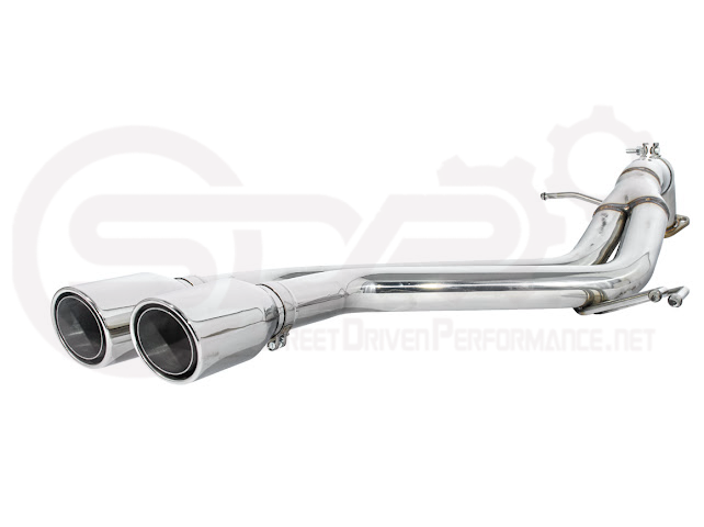 Hyundai Veloster Turbo 2013-2018 exhaust axle back with dual 4-inch muffler delete, featuring burnt tips or chrome finish.