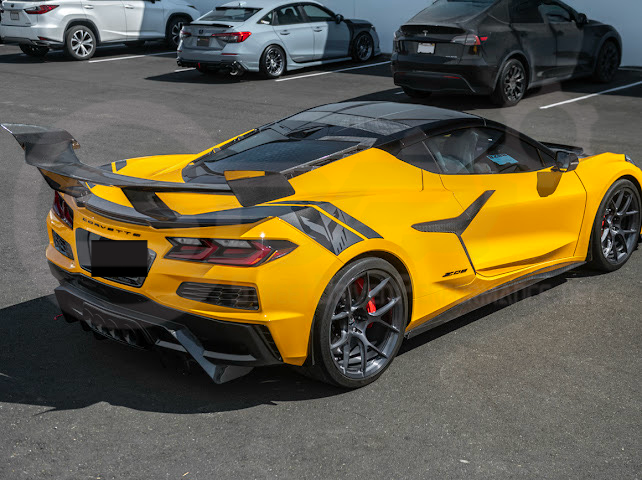 Carbon fiber side fender vents for 2023+ Corvette C8 E-Ray and Z06, Street Driven Performance, three-piece intake vent trim.