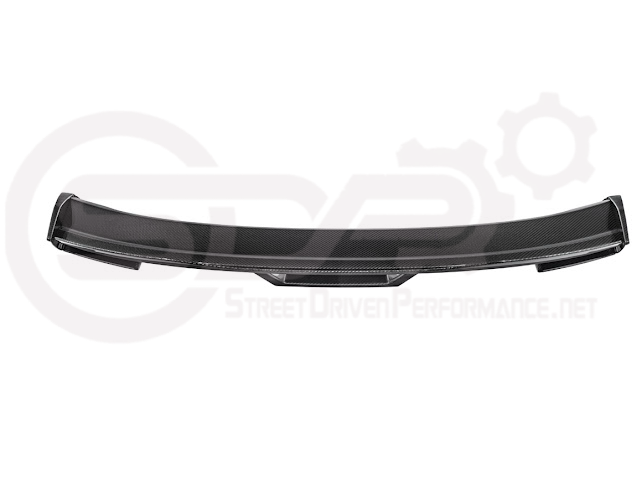 Dark Horse style carbon fiber rear wickerbill spoiler wing on a 2015-2023 Ford Mustang, showing sleek aerodynamic design.