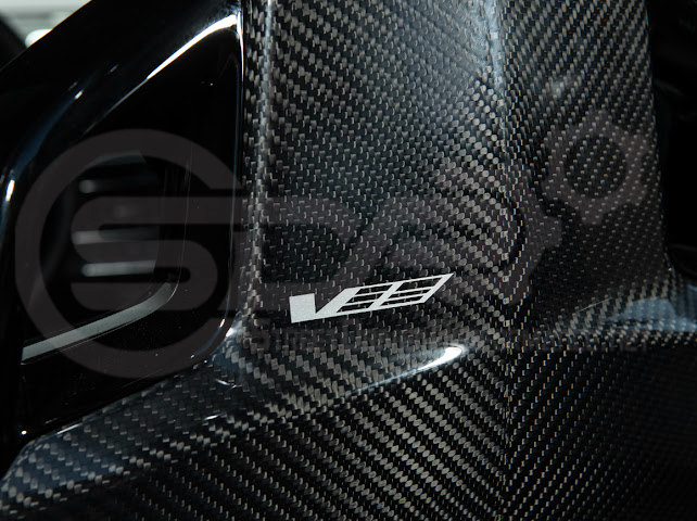 Pair of black carbon fiber seat back panels for Cadillac CT5-V and CT5-V Blackwing interior dash and trim, driver and passenger side.