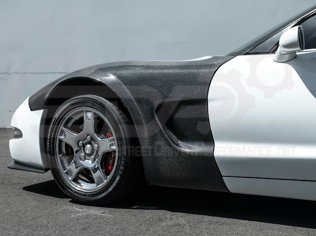 Factory style carbon fiber front and rear widebody fenders for 1997-2004 Chevrolet Corvette C5 hatchback by Street Driven Performance