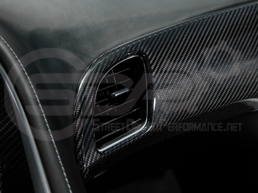 Dry carbon fiber passenger side dashboard air vent panel cover for Chevrolet Corvette C7 (2014-2019) interior trim.
