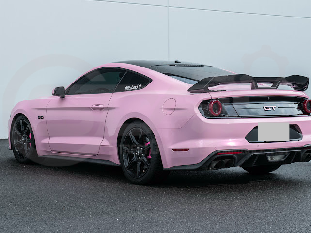 Ford Mustang Dark Horse style carbon fiber rear wickerbill spoiler wing for 2015-2023 models, showcasing sleek aerodynamic design.