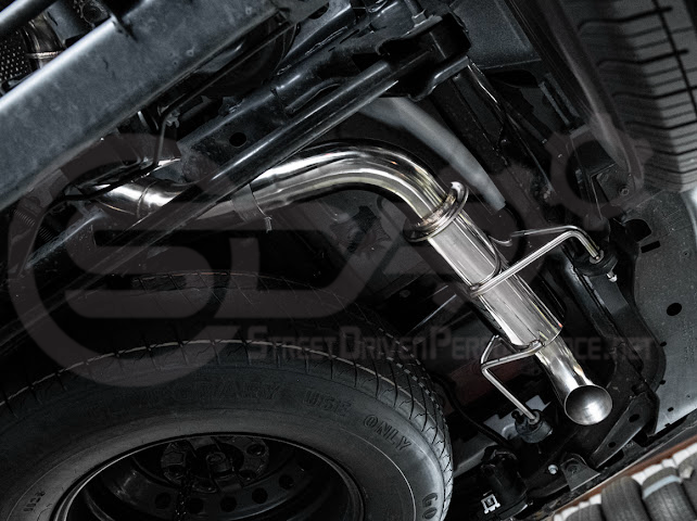 Toyota 4Runner cat-back exhaust system by Street Driven Performance with chrome or burnt blue tips, featuring turn down exhaust tips.