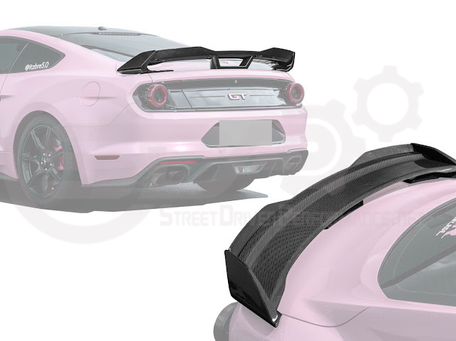 Ford Mustang Dark Horse style carbon fiber rear wickerbill spoiler wing for 2015-2023, designed for sporty aerodynamics and enhanced look.