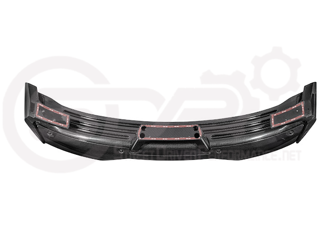 Dark Horse style carbon fiber rear wickerbill spoiler wing on a 2015-2023 Ford Mustang, showcasing sleek aerodynamic design.