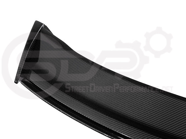 Dark Horse style carbon fiber rear wickerbill spoiler wing on a 2015-2023 Ford Mustang, showing sleek aerodynamic design.