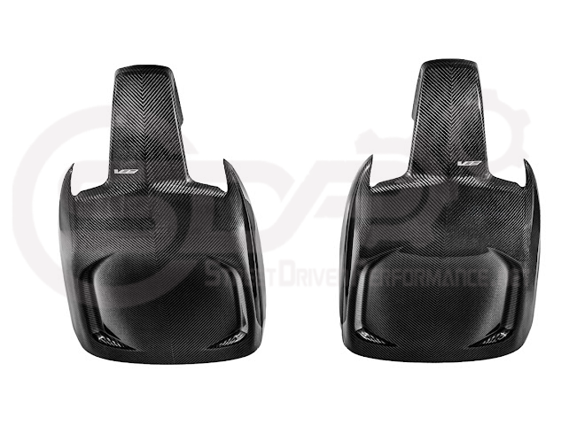 Pair of black carbon fiber seat back panels for Cadillac CT5-V and CT5-V Blackwing interior, driver and passenger side.