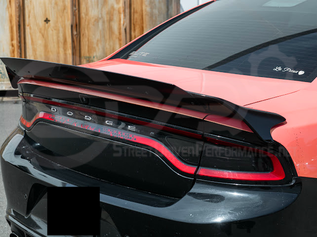 Dodge Charger SRT Hellcat Redeye style rear trunk wing spoiler in matte or gloss black, designed for 2015-2023 models by Street Driven Performance.