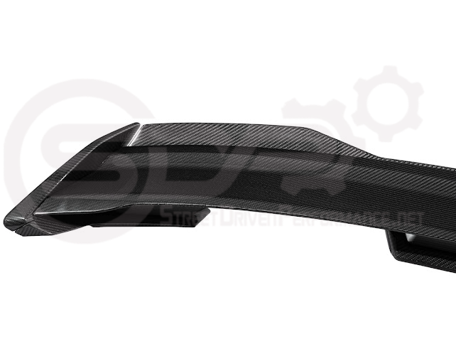Dark Horse style carbon fiber rear wickerbill spoiler wing on a 2015-2023 Ford Mustang, featuring sleek aerodynamic design.