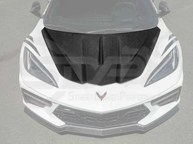 2020-PRESENT CHEVROLET CORVETTE C8 | SDP PERFORMANCE TRACK STYLE DOUBLE SIDED DRY CARBON FIBER FRONT HOOD