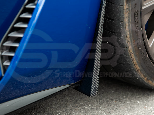 Pair of carbon fiber mud flaps for 2022-up Cadillac CT5-V Blackwing by Street Driven Performance, front and rear splash guards