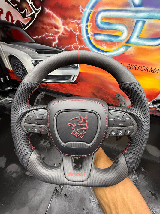 Carbon fiber steering wheel for Dodge Charger, Challenger, Jeep, Durango by Street Driven Performance, interior automotive accessory.