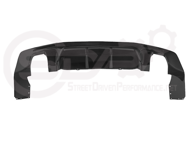 Glossy black rear bumper diffuser for 2016-2024 Chevrolet Camaro, styled by Street Driven Performance with finned design for sporty look.