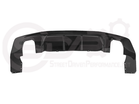 Glossy black rear bumper diffuser for 2016-2024 Chevrolet Camaro, styled by Street Driven Performance with finned design for sporty look.