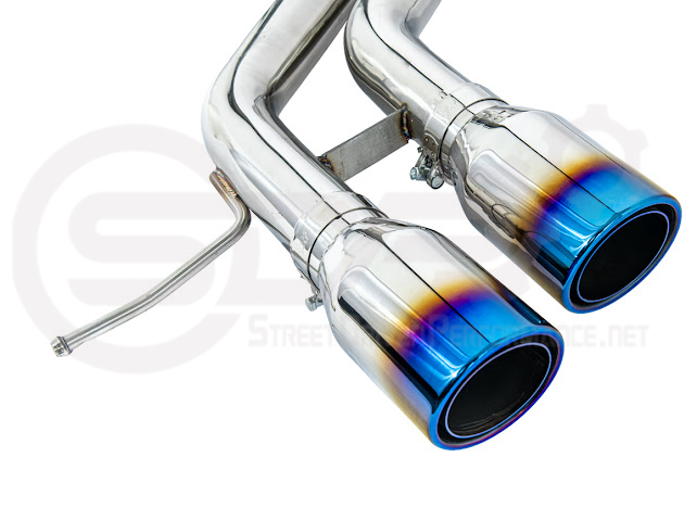 Hyundai Veloster Turbo 2013-2018 exhaust axle back with dual 4-inch burnt or chrome tips, aftermarket performance muffler delete.