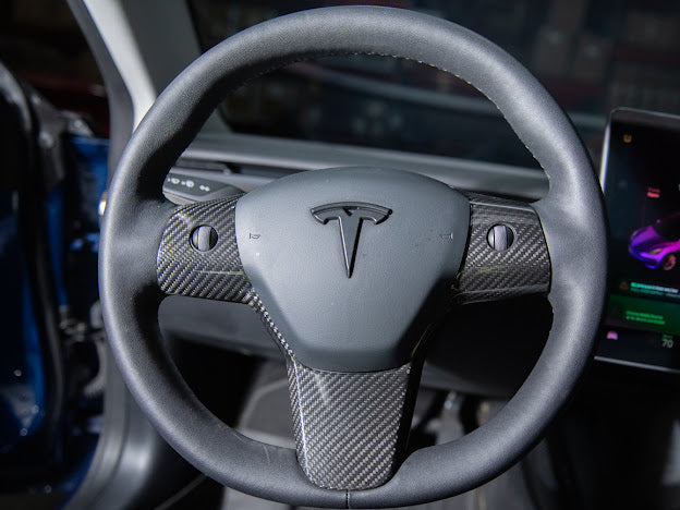 2020-UP TESLA MODEL 3 & Y CARBON FIBER INTERIOR STEERING WHEEL TRIM / COVER