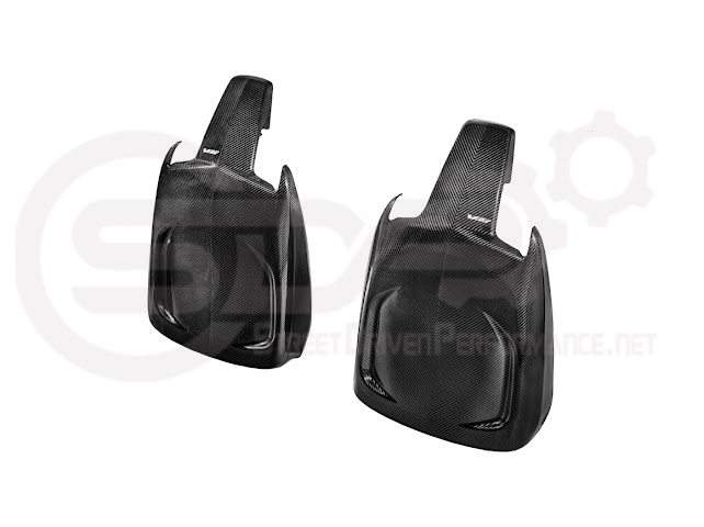 Pair of black carbon fiber seat back panels for Cadillac CT5-V and CT5-V Blackwing interior dash trim replacement.