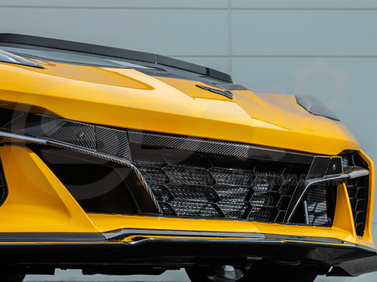 Corvette C8 Z06 factory-style carbon fiber front grille license holder and tow trim for 2023-up models by Street Driven Performance