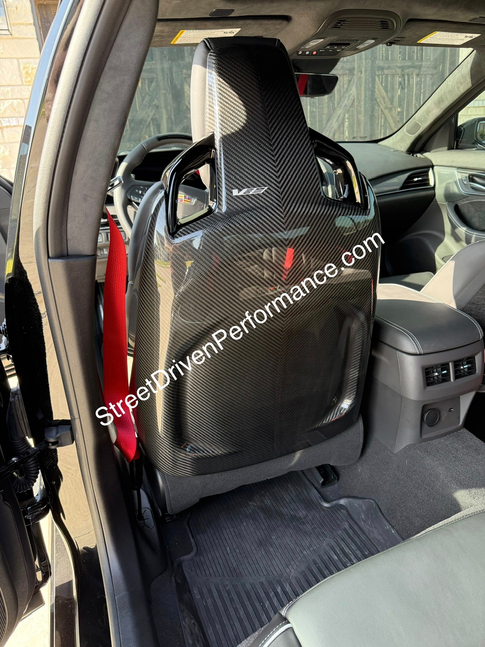 Pair of black carbon fiber seat back panels for Cadillac CT5-V and CT5-V Blackwing interior dash and trim, driver and passenger side.