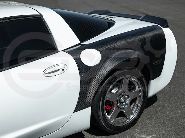 Factory style carbon fiber front and rear widebody fenders for 1997-2004 Chevrolet Corvette C5 by Street Driven Performance.