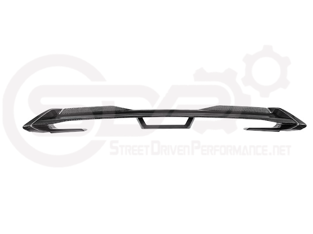 2015-2023 Ford Mustang Dark Horse style carbon fiber rear wickerbill spoiler wing for sporty aerodynamic enhancement.