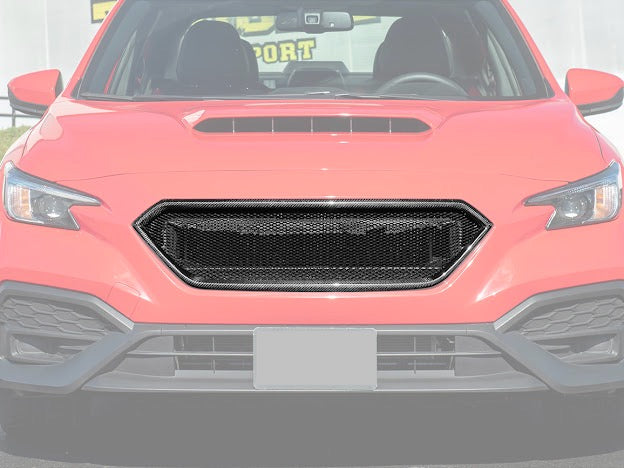 Street Driven Performance carbon fiber mesh grille vent for 2022-UP Subaru WRX, sporty front replacement with a sleek carbon fiber finish.