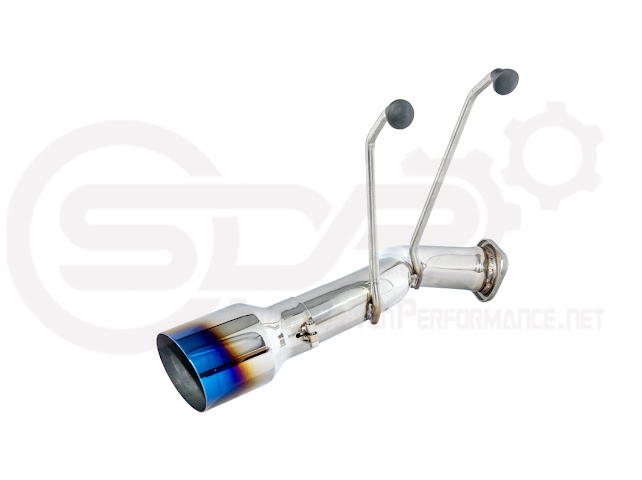 Mazda MX-5 Miata ND axle back exhaust with 4-inch burnt or chrome tips, Street Driven Performance muffler delete system, close-up view