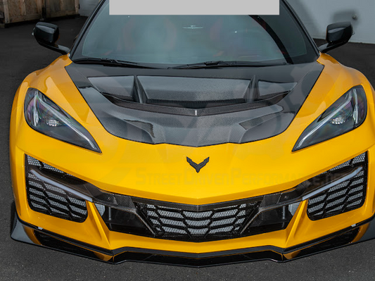 Corvette C8 Z06 factory style carbon fiber front grille license holder and tow trim for 2023-up exterior trim by Street Driven Performance