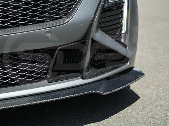 Cadillac CT5-V Blackwing factory OEM style carbon fiber front lip splitter and wheel arches, ground effects for enhanced sporty look.