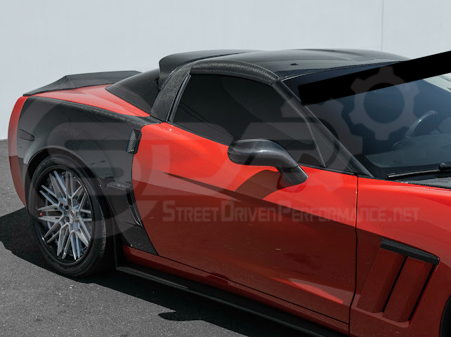 Set of four dry carbon fiber side mirror cap covers for 2005-2013 Chevy Corvette C6, tape-on style, by Street Driven Performance.