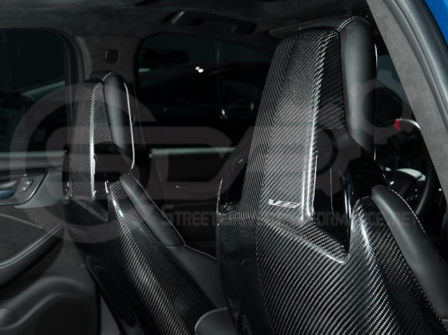 Pair of black carbon fiber seat back panel replacements for Cadillac CT5-V and CT5-V Blackwing, driver and passenger side interior trim