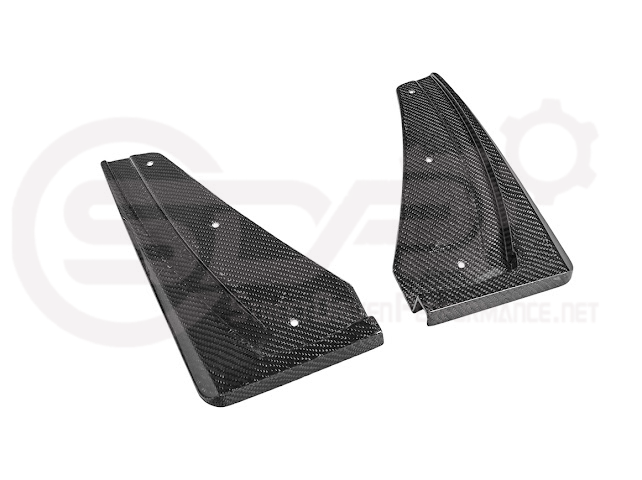 Pair of black carbon fiber mud flaps for 2022-up Cadillac CT5-V Blackwing, designed to protect the vehicle from road debris.