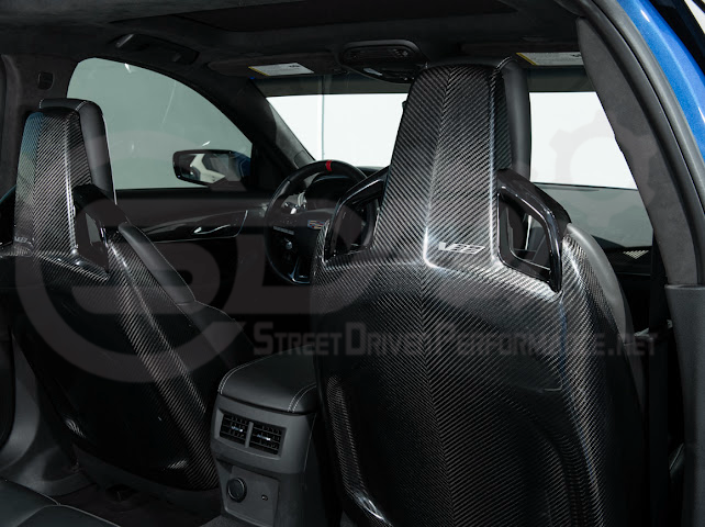 Pair of black carbon fiber seat back panels for Cadillac CT5-V and Blackwing interior dash trim, driver and passenger side.