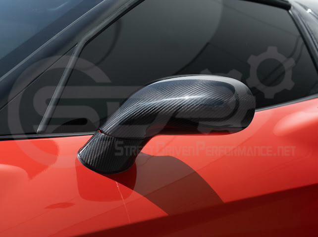 Set of four dry carbon fiber side mirror cap covers for 2005-2013 Chevy Corvette C6 by Street Driven Performance, tape-on installation
