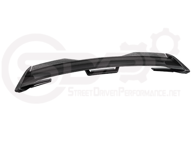 Dark Horse style carbon fiber rear wickerbill spoiler wing for 2015-2023 Ford Mustang, designed by Street Driven Performance.