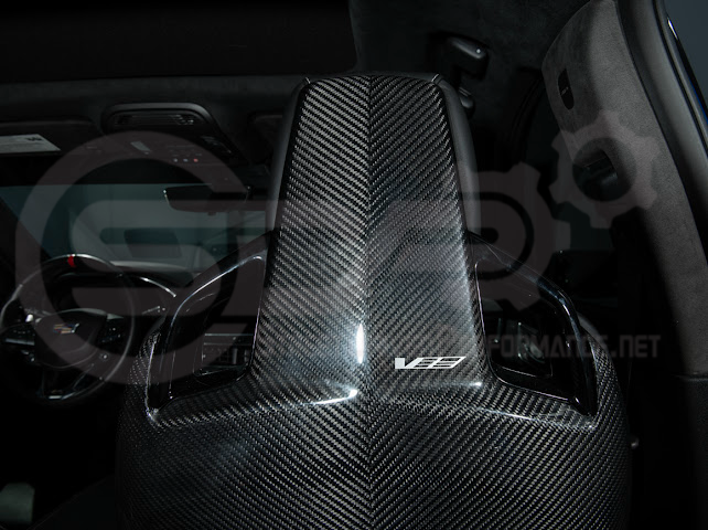 Pair of black carbon fiber seat back panels for Cadillac CT5-V and CT5-V Blackwing interior dash and trim replacement.