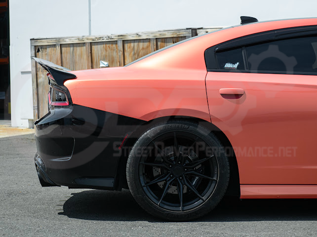 Dodge Charger SRT Hellcat Redeye style rear trunk wing spoiler, matte black finish, designed for 2015-2023 models, by Street Driven Performance.