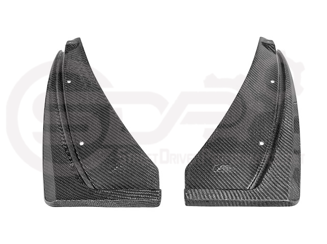 Pair of black carbon fiber mud flaps for 2022-up Cadillac CT5-V Blackwing, designed to protect and enhance the vehicle's appearance.